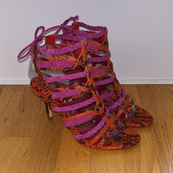 BRIAN ATWOOD Felisa Sandals Strappy Braided Leather Orange Pink Size 7.5 Animal - Picture 12 of 14